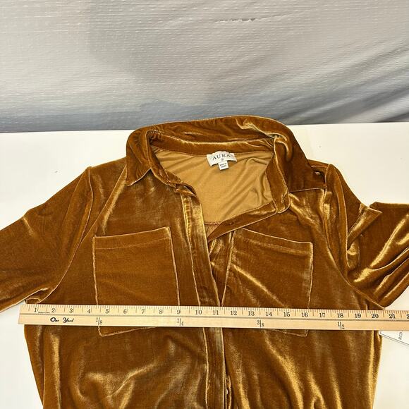 AURA Crushed Velvet Midi Shirt Dress Size S Belted Long Sleeve Honey Romantic - Picture 12 of 13